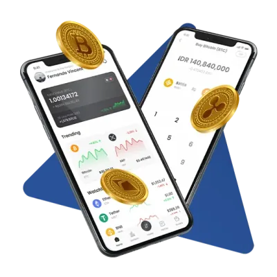Two smartphones displaying a crypto portfolio and a buy order screen
