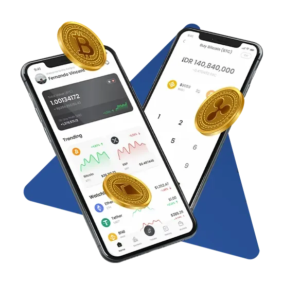 Mobile and tablet screens showing a crypto trading dashboard with portfolio balance and price charts