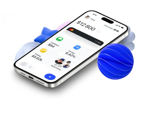 Smartphone showing a crypto wallet balance with cashback, savings and trading tiles